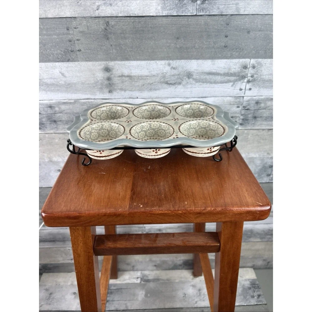 Old World Gray Muffin Pan Stoneware with Black Metal Rack by Temp-tations.